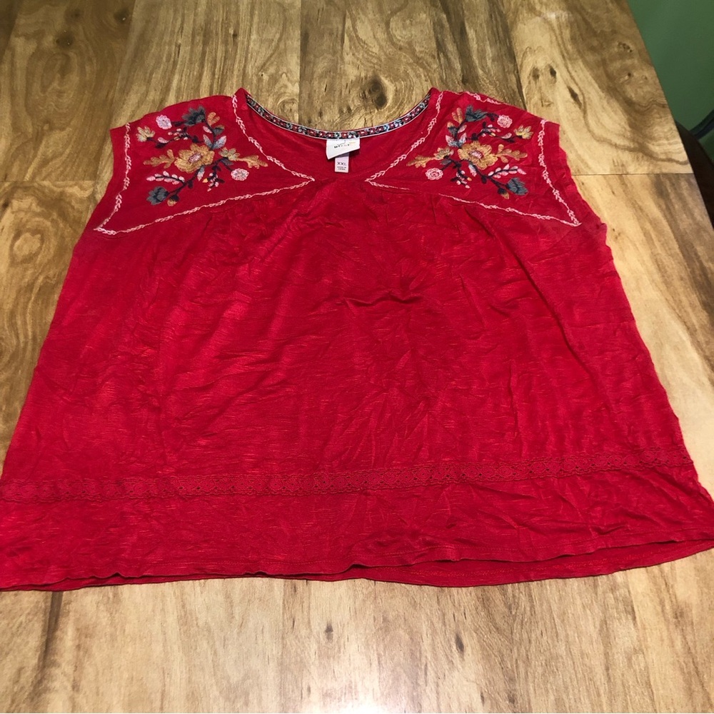 3/$25 Knox Rose Red Floral Embroidered Lightweight Stretch Shirt Tank Top XXL
